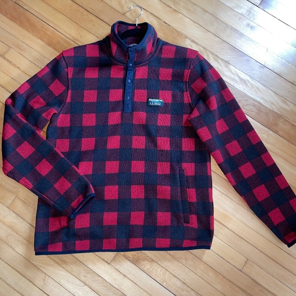L.L. Bean Sweater Fleece Pullover Buffalo Plaid Garnet Warm Cozy Pockets - Picture 1 of 11